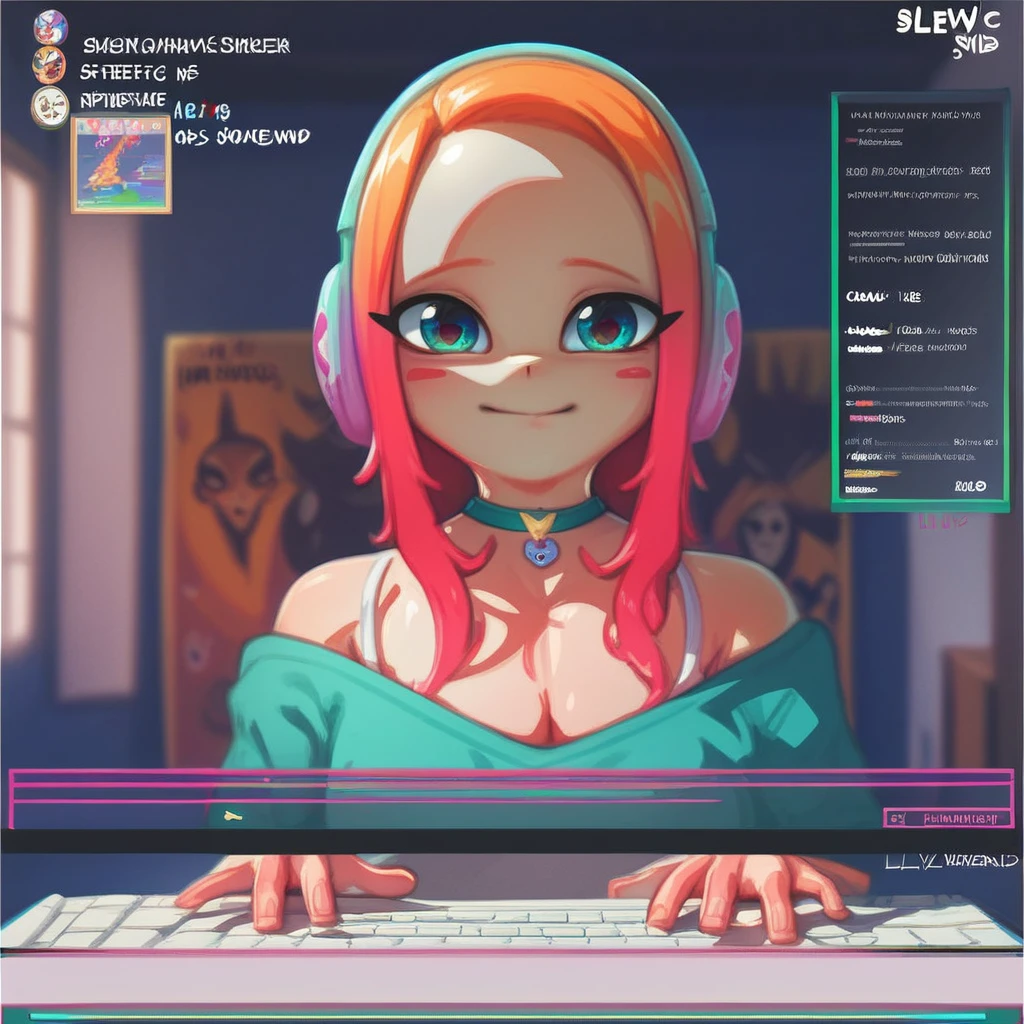 score_9, score_8_up, score_7_up, score_6_up, score_5_up, colourful, 8k, detailed face, detailed eyes, W3BC4MP0V, KEYBOARD (COMPUTER), MOUSE (COMPUTER), CHAIR, 1GIRL, LIVESTREAM, FR0NT, DESK, room, indoors, choker, camisole, headphones, dark, posters, anime style, looking at viewer,