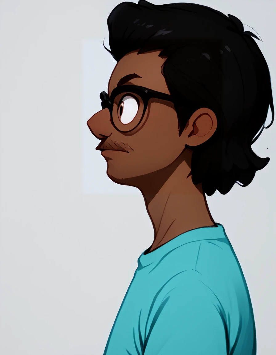 <lora:Future_Darryl:1> 1boy, dark-skinned male, black hair, glasses, browline glasses, facial hair, mustache, teal shirt, portrait, side view, profile view,, source_cartoon, score_9, score_8_up, score_7_up,