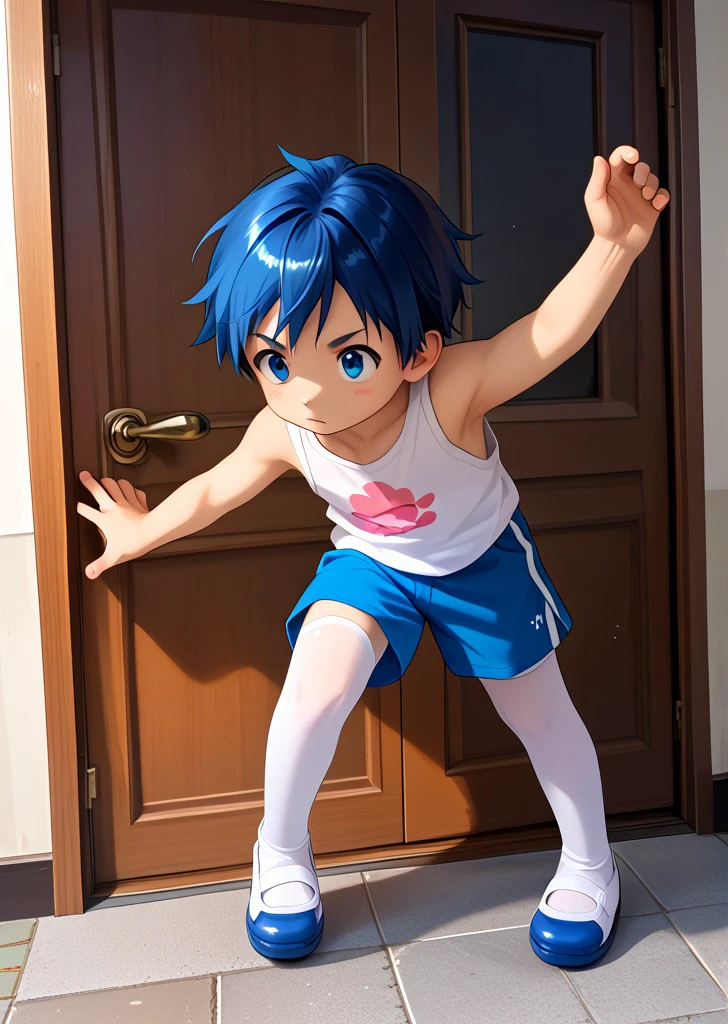 score_9,score_8_up,score_7_up,masterpiece,1boy,cute,solo,japanese,dynamic pose,tank top,blue shorts,white thighhighs,uwabaki \(shoes\),ray tracing,<lora:uwabaki-V2>,open door,