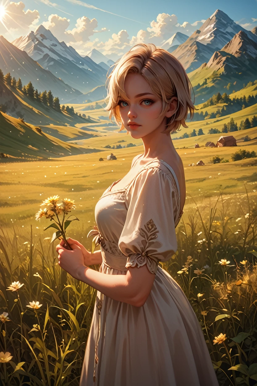 score_9, score_8_up, score_7_up, score_6_up
<lora:LASasha:1.0>
LASasha, 1girl, blonde hair, short hair, looking at viewer, standing in a field during the golden hour, hand gently brushing through tall grass, mountains in the distance, warm sunlight casting a glow, serene and connected to nature