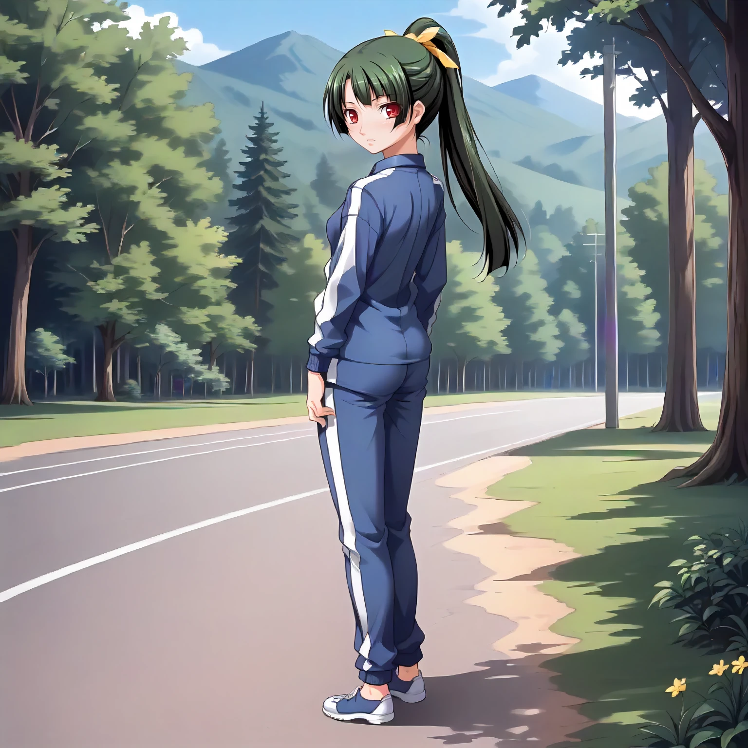 <lora:SDG_KeikoAganoXLpony001>,
outdoors,nature,
solo,
KeikoAgano,1girl,green hair,ponytail,hair ribbon,red eyes,
track jacket,track pants,
full body,standing,looking back,