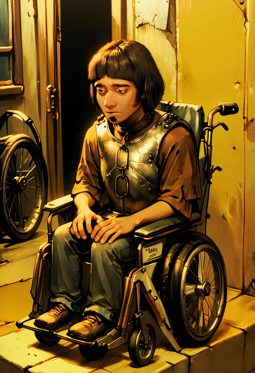 1727C6CDDF61, cr33pp41nt, 1boy, solo, HuiBuh, bob cut, blunt bangs, dark brown hair, goatee, metal collar, armor, wheelchair, wheelchair, sitting <lora:Wheelchair_XLPD> <lora:cr33pp41ntXLP> <lora:hui_buh-v1.2.35-lite>​​​