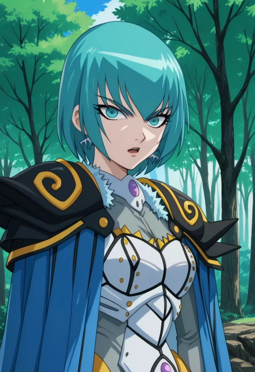 score 9, score 8 up, score 7 up, bakugan, bakugan new vestroia, mylene farrow, 1girl, solo, short hair, cape, tree, aqua hair, blue hair, looking at viewer, armor, open mouth, makeup, upper body