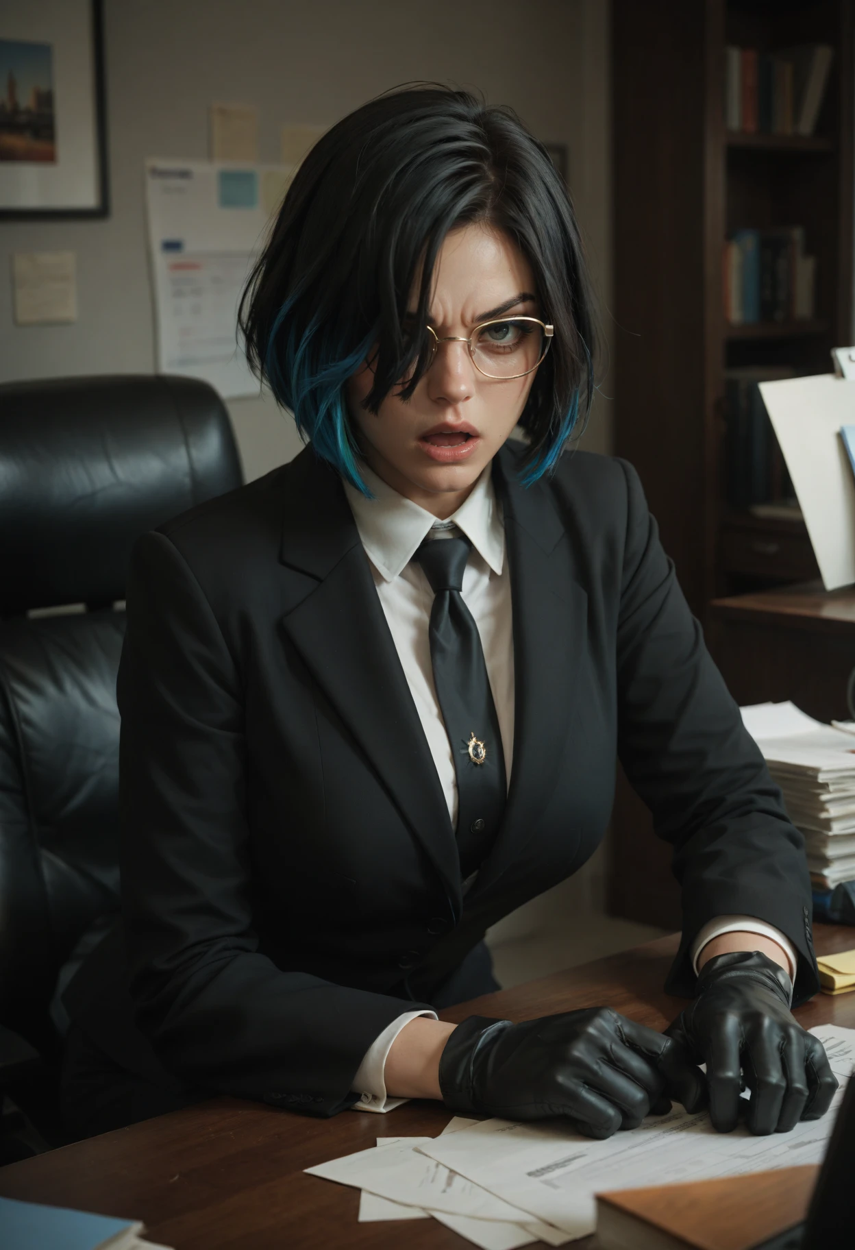 score_9, score_8_up, score_7_up, score_6_up, source_anime, masterpiece, newest,
1girl, solo, angry, black clothing, suit, tie, gloves, black hair, hair covering eye, bob haircut, partial fade, multicolored hair, glasses, open mouth, office, photocopier,
shiny skin, mature