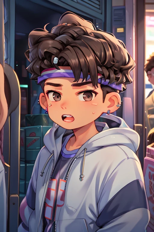 masterpiece, best quality, , TylerNguyen, 1boy, curly hair, black eyes, , brown hair, blurry, headband, shirt, afro, dark skin, teeth, black hair, male focus, hood, hoodie, solo, upper body, piercing, earrings, jacket, 1boy, jewelry, dark-skinned male, curly hair, brown eyes