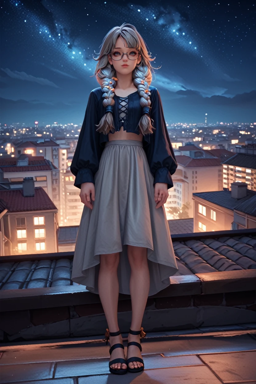 score_9, score_8_up, score_7_up, score_6_up
<lora:LAJahara:1.0>
LAJahara, 1girl, grey hair, twin braids, glasses, looking at viewer, standing on a rooftop at night, city lights twinkling below, wind gently blowing hair, starry sky above, mysterious and enchanting ambiance