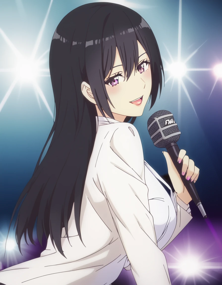 <lora:2.5JigennoRirisa:1>, stage, sing, dange, microphone,  Mayura, long hair, purple eyes, black hair,