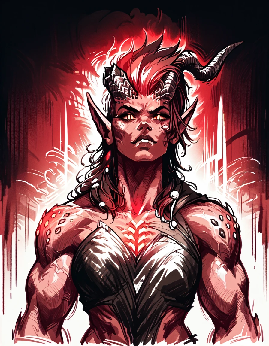 score_9, score_8_up, score_7_up, <lora:Messy Sketch Style:1>, <lora:KarlachBG3PDXL_V1-Manityro-adamw:1> KarlachBG3, demon girl, colored skin, slit pupils, muscular, toned, limited pallet, red theme, red neon background, red glow, monochrome, black background