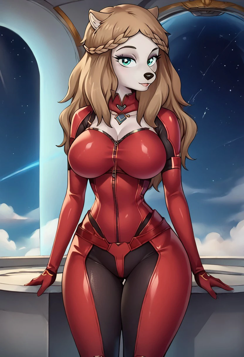 score_9, score_8_up, score_7_up, masterpiece, best quality, spaceship, solo, (very beautiful eyes, big thighs, thin waist, big breasts), 1girl, SpaceSuit red, Bodysuit, Gloves, boots, Roselyn, Brown hair, long hair, eyes Blue, furry, grey fur