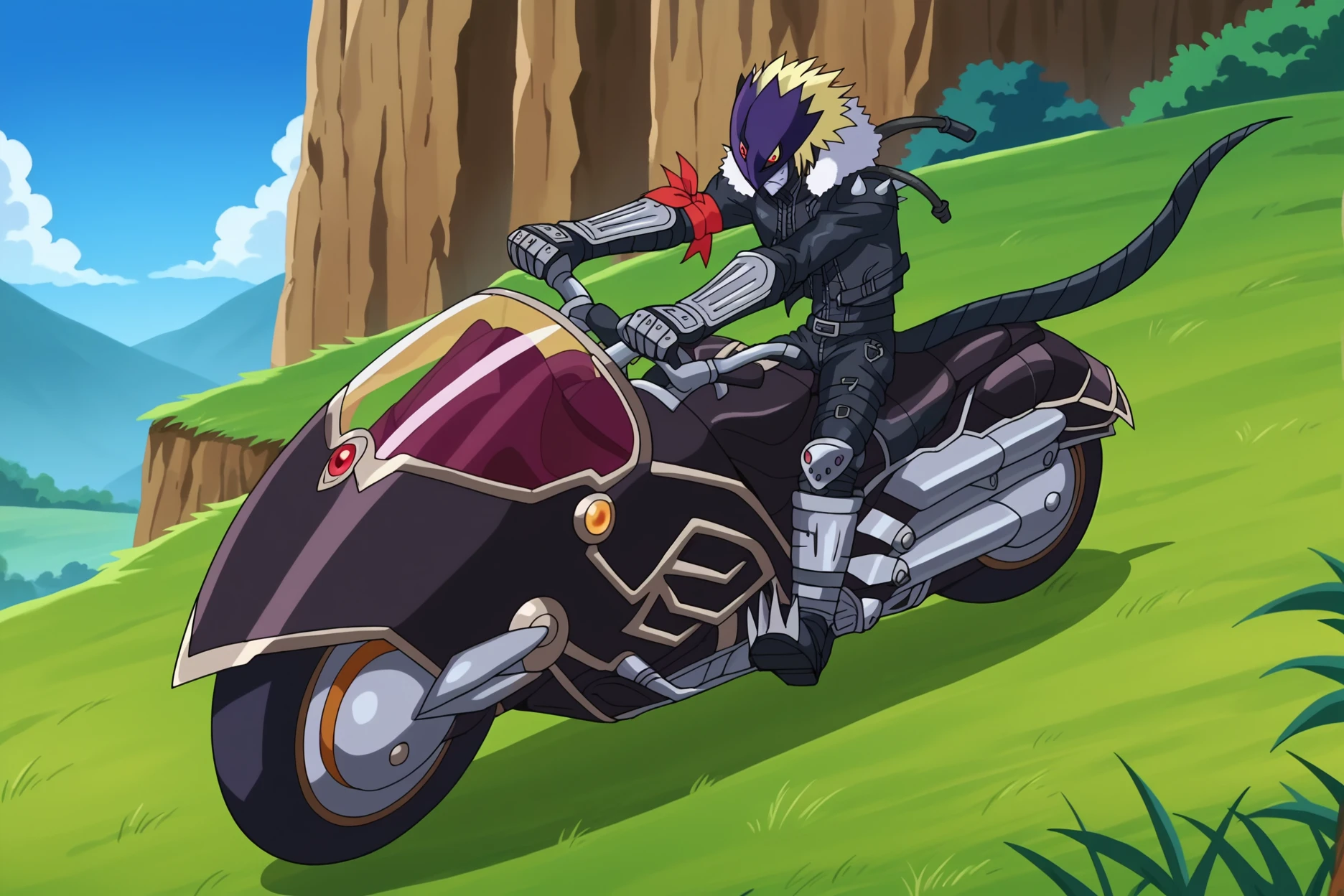 score_9,score_8_up,score_7_up,score_6_up, BREAK beelzebumon, 1boy, behemoth motorcycle, black motorcycle, anime screencap, facing viewer, from side, riding,  dark purple mask, yellow sclera, red eyes, third eye, black cropped jacket, shoulder pads, black back cable,back cable, black mask cable, gauntlets, white fur-trimmed jacket,metal tail,blue sky, cliff, grass, black gloves, black knee boots,  spikes,claws,red arm ribbon,serious,lavender gray skin, blonde hair  <lora:BeelzebumonPonyV2:1>