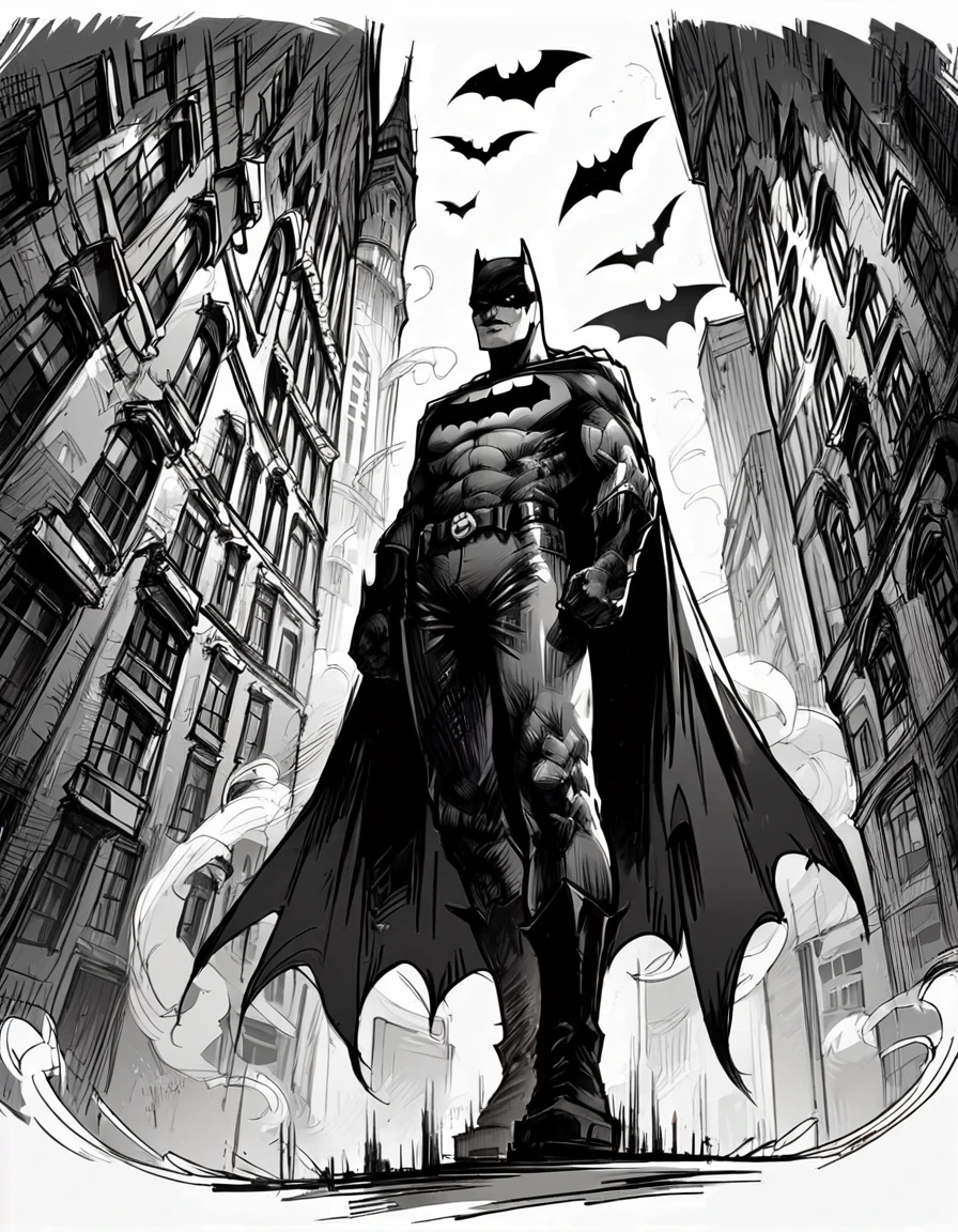 score_9, score_8_up, score_7_up,  <lora:Messy Sketch Style:1>,batman standing on top of a tower looking down below at a city with his cape flowing in the wind,  monochrome,