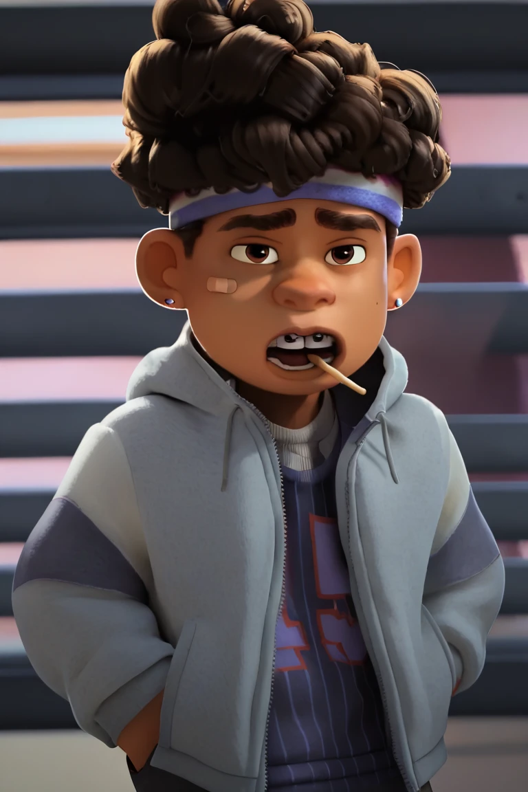 Score_9, score_8_up,score_7_up,, TylerNguyen, 1boy, curly hair, black eyes, , band-aid, brown hair, fur, topwear, hands in pockets, headband, clothing, hair, eyebrows, ring piercing, shirt, mouth hold, dark skin, afro, male, digital media (artwork), teeth, young, pockets, haplorhine, male focus, clothed, hi res, hood, bandaid on face, bandaid, solo, upper body, food, bandaid on nose, 3d (artwork), bandage, piercing, candy, child, earrings, ear piercing, mammal, open mouth, feral, jacket, dark body, open clothes, 1boy, detailed background, jewelry, human, dark-skinned male, curly hair, hand in pocket, brown eyes, human focus, ear ring, multicolored topwear