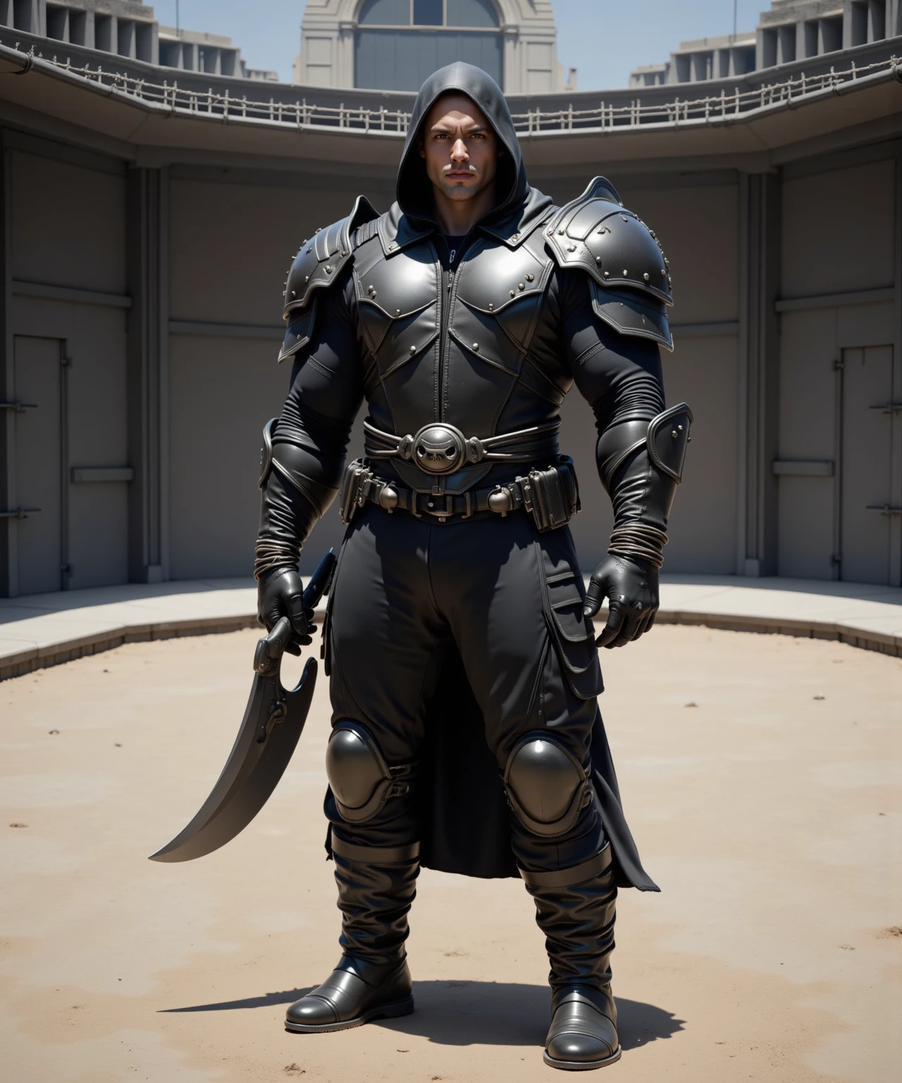 ## Character Description: The character is a male figure with a muscular physique. His body shape resembles an inverted triangle, with broad shoulders and a narrow waist. His arms are long and powerful, with defined biceps and triceps. His legs are long and strong, with visible calf muscles. His head is large in proportion to his body. His face is obscured by a hood, which is pulled low over his forehead. It appears to be made of a dark, heavy fabric, similar to the texture of velvet. The hood casts shadows around his face, making it difficult to discern his features. However, the silhouette of his face suggests a triangular shape with a sharp jawline. He has a straight, prominent nose that protrudes slightly from his face. He wears a dark, leather armor that covers his entire torso and arms. The armor is decorated with metal plates that are arranged in a series of overlapping triangles. The metal plates have a smooth, polished surface that reflects light. His lower body is covered in dark fabric that appears to be a combination of leather and cloth. This garment is secured at the waist with a belt, which is ornamented with a skull-shaped buckle. He holds a weapon in his right hand that resembles a large, curved blade with a sharp point. The blade is made of a dark metal, similar in color to the armor. The hilt of the weapon is wrapped in a material that appears to be a combination of leather and rope. ## Outfit: The character is wearing a futuristic, tactical suit made of a combination of black leather, metal mesh, and textured fabric. The suit features a form-fitting silhouette with a high neckline and a zipper running down the front. There are multiple pockets and straps strategically placed for carrying tools and weapons. The leather is thick and durable, with a smooth, slightly glossy surface. The metal mesh panels on the chest and shoulders are flexible and breathable, allowing for easy movement. The textured fabric on the legs is lightweight and moisture-wicking, ideal for agility and quick drying. The suit has a subtle sheen, giving it a slightly metallic look. ## Hairstyle: His hair is short and close-cropped, with a shaved head. ## Makeup: He wears no makeup. ## Pose: The character stands with his feet shoulder-width apart and his arms crossed in front of him, leaning slightly forward. His expression is determined and focused, with a slight frown on his face. ## Setting: The character stands in the middle of a vast, open-air arena. The arena is constructed of smooth, grey concrete and is surrounded by a high metal fence. The fence is tall and imposing, with a barbed wire top. The arena is bathed in a bright, warm light that illuminates the surrounding area. There is a large, circular platform in the center of the arena. The platform is raised slightly above the ground, and its surface is covered in a layer of dark sand. Around the perimeter of the arena are a series of large, metal doors. The doors are thick and heavy, with large, imposing hinges. ## Text-to-Image Prompt: A futuristic warrior with a muscular build wearing a tactical suit made of black leather, metal mesh, and textured fabric stands in a vast, open-air arena. His head is shaved and his expression is determined and focused. The arena is made of smooth, grey concrete and is surrounded by a high metal fence with barbed wire. There is a large, circular platform in the center of the arena, raised slightly above the ground and covered in dark sand. The arena is bathed in bright, warm light. Full body shot.