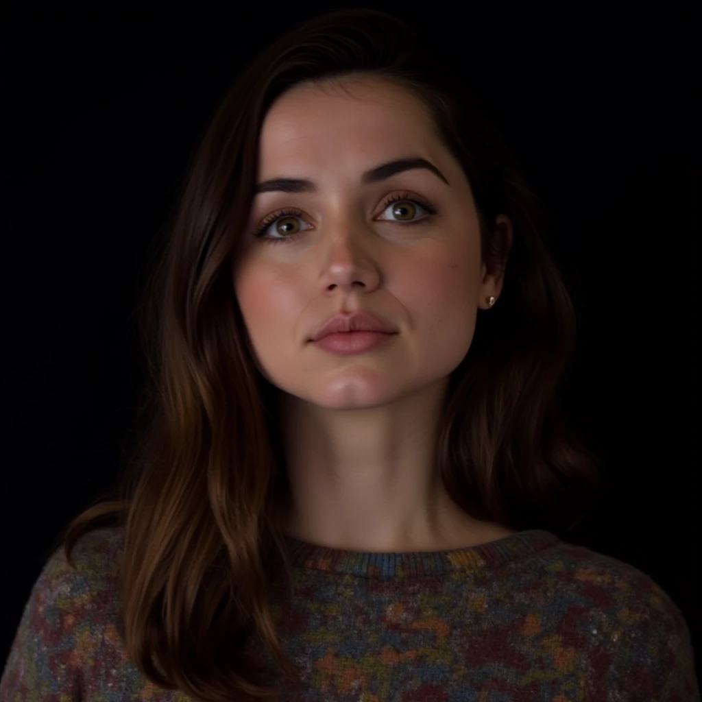 A closeup portrait photo of a woman with medium length hair who gazing directly at the camera with a neutral expression.She is wearing a multicolored knitted sweater against a dark background.Spotlight illumination.      <lora:Ana_de_Armas_FLUX_v1-000061:1>