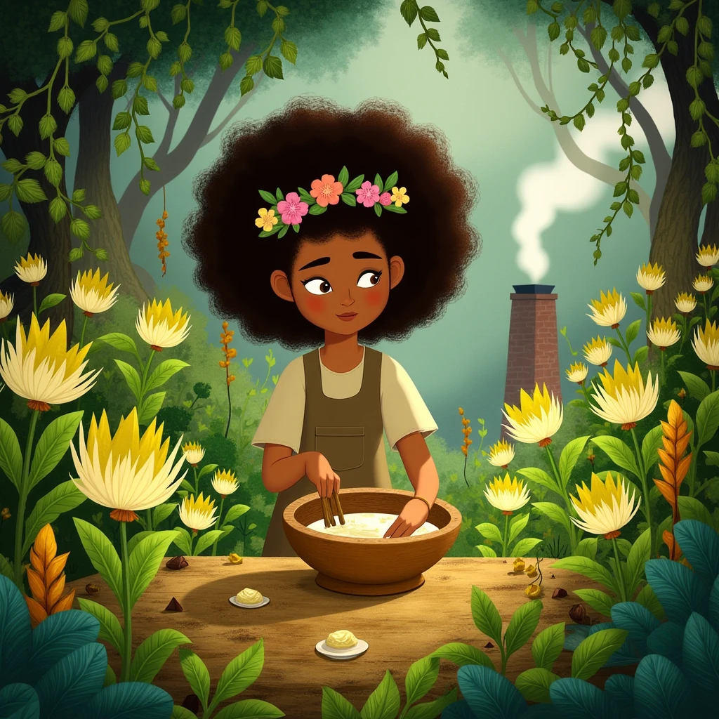 In style of Cartoon Saloon. A young herbalist, with soft brown skin and a crown of flowers in her curly hair, tends to a garden of magical, living plants. The plants have expressive faces and delicate, glowing leaves that respond to her touch. She wears a simple, earth-toned dress, and her hands are stained with soil as she carefully mixes ingredients in a wooden bowl. The garden is lush and vibrant, filled with colorful flowers, hanging vines, and a gentle light that seems to come from the plants themselves. In the background, the entrance to a small, cozy cottage is visible, with smoke curling up from the chimney.