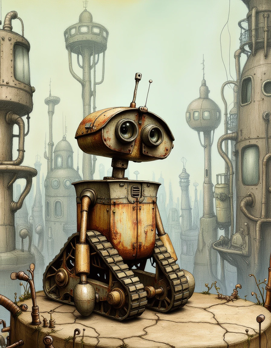 A machinart image of a small, rusty, cube-shaped robot with binocular eyes, treads, and excavator-like wheels, inspired by Wall-E from Pixar, set in a surrealistic, steampunk world with victorian drawing elements, machinarium style, with watchtowers made of pipes and industrial machinery in the background, extremely detailed, Dieselpunk style, Hand-drawn illustration style, colored lineart, Retro-futuristic, linework, muted  color palette, pastel hues, stencil-like shading, intricate textures, and a dark, gritty aesthetic, with visible bolts, wires, and mechanical components, amidst a backdrop of old, worn-out gears, cogs, and other industrial remnants.