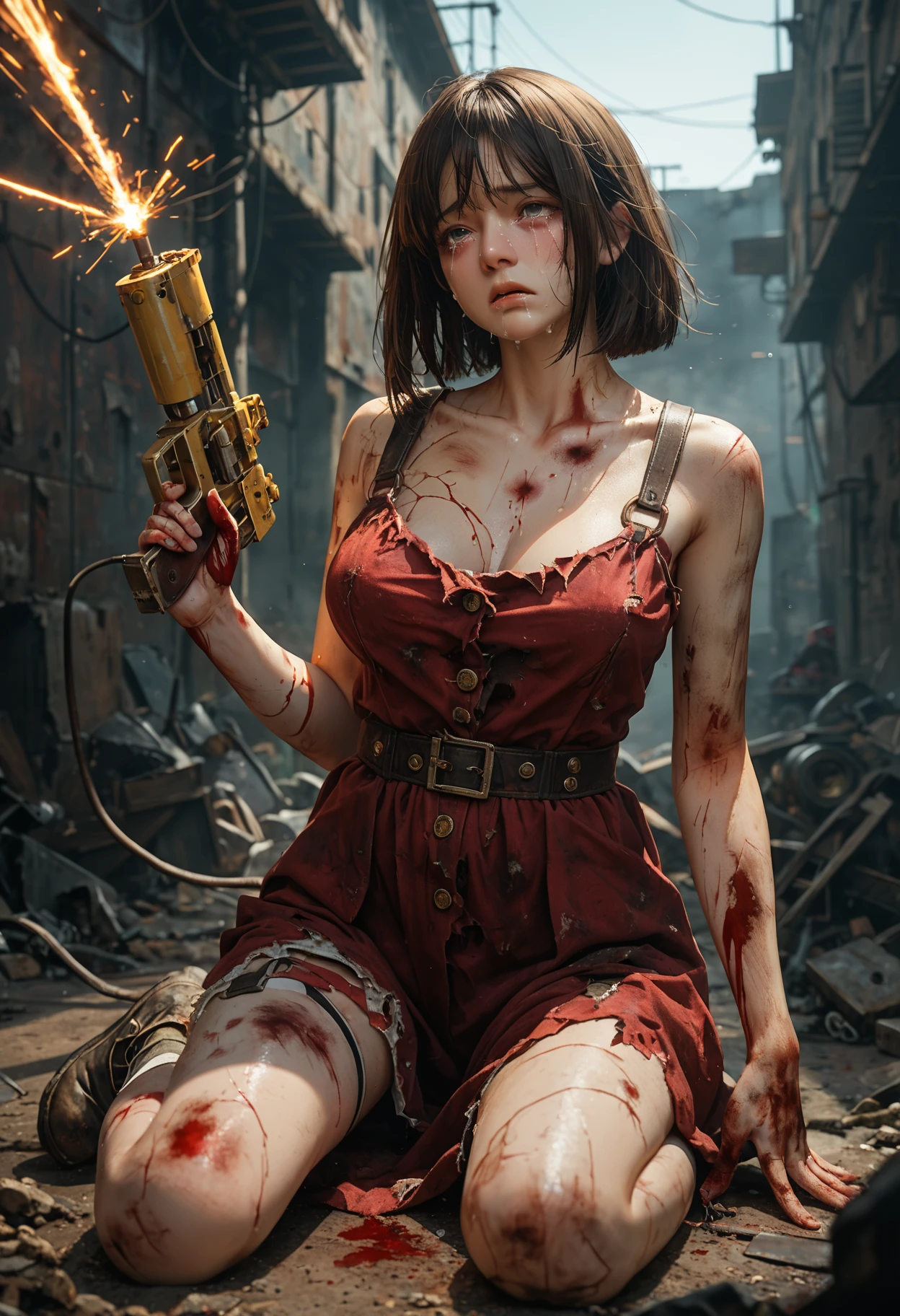 score_9,score_8_up,score_7_up,masterpiece,best quality,8k,dramatic lighting,cold colors,
1girl,gray_medium_hair,Irregular_bangs,large_breasts,
Steampunk,in the intricate alleyway,the cyborg girl holds a gun in her hand,her expression is resolute,in the battle of several mechs in the distance,the flames are soaring,abandoned mechas,damaged mechas,Slumped on the ground,
injuries,scratches,blood stains,electrical sparks,mechanical damage,
Crying,tears,