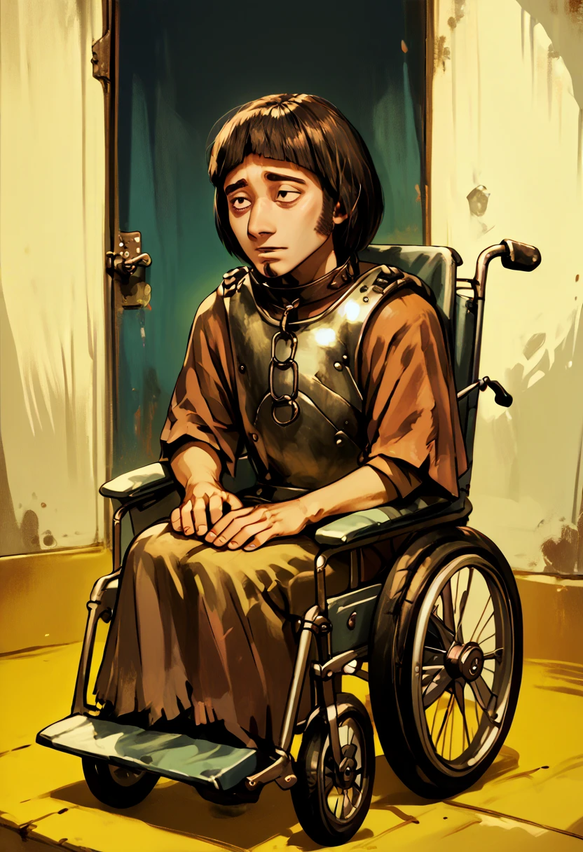 1727C6CDDF61, cr33pp41nt, 1boy, solo, HuiBuh, bob cut, blunt bangs, dark brown hair, goatee, metal collar, armor, wheelchair, wheelchair, sitting <lora:Wheelchair_XLPD> <lora:cr33pp41ntXLP> <lora:hui_buh-v1.3.35>​​​