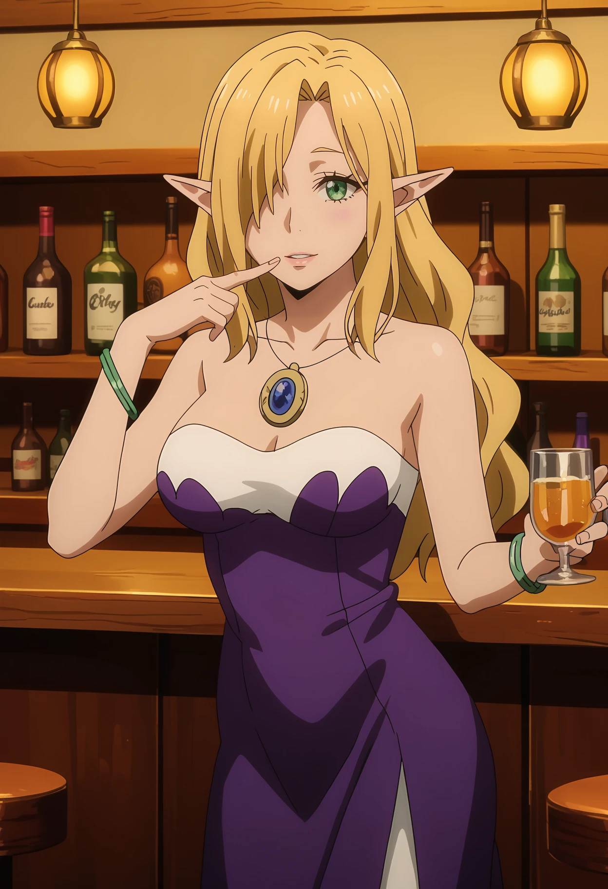 score_7_up, anime screencap,
<lora:TenSura_DwargonElf3XL:0.9>, DwargonElf3,
1girl, solo, parted lips, light smile, finger to mouth,
blonde hair, green eyes, hair over one eye, pointy ears,
pendant, strapless dress, purple dress, cleavage, large breasts, bracelet,
standing, looking at viewer, cowboy shot,
blurry background, indoors, bar (place)