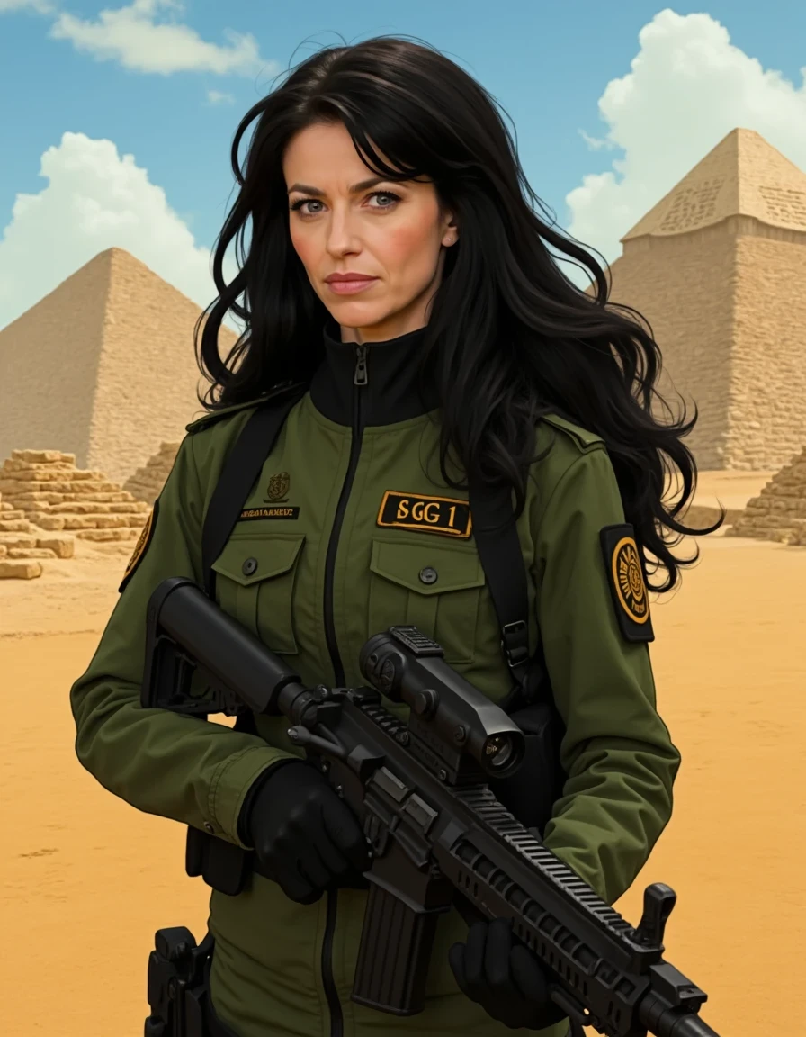 Ghibli anime style drawing of ohwx as Vala Maldoran in front of the Gizeh pyramids. Vala mal Doran is portrayed by Claudia Black with long black hair, wearing a Stargate SG1 military uniform with a "SG1" patch, holding a AR15 rifle.