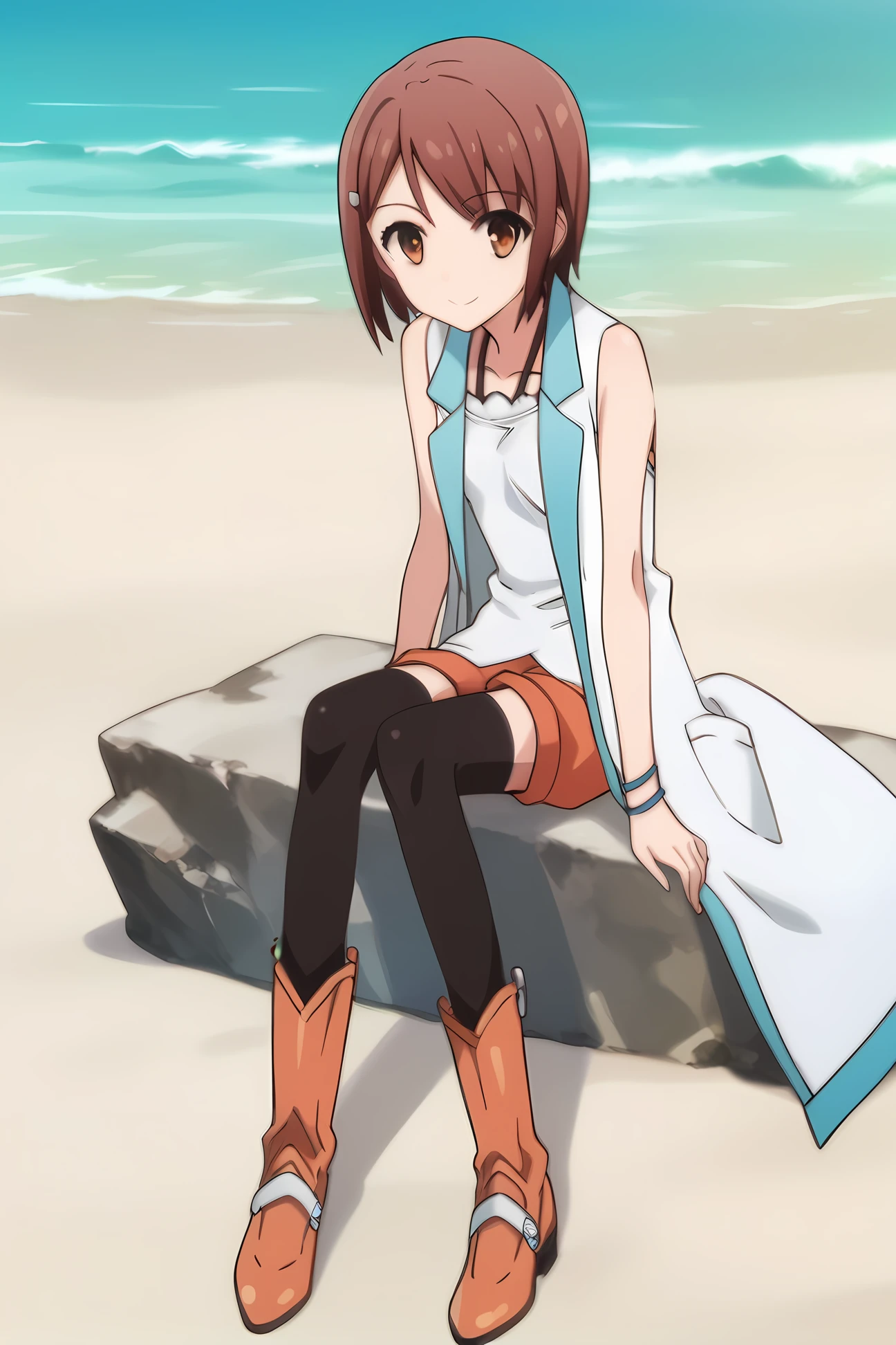 white sleeveless coat white shirt orange shorts black thighhighs orange knee boots, mt-you, medium breasts, 1girl, solo, skinny, masterpiece, high quality, (full body|sitting|standing|lying), beach, light smile, score_9, score_8_up, score_7_up, source_anime, anime, anime style <lora:mt-you-V01-000003:1.00>