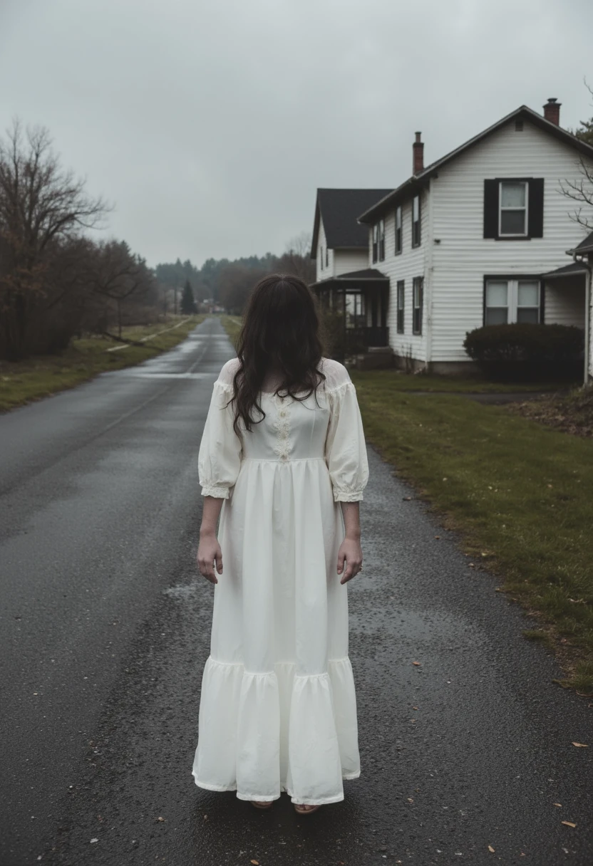 distorted photo, full length candid photo of woman bride, street, deserted town, eerie, unsettling, sinister, occult, spooky, realistic