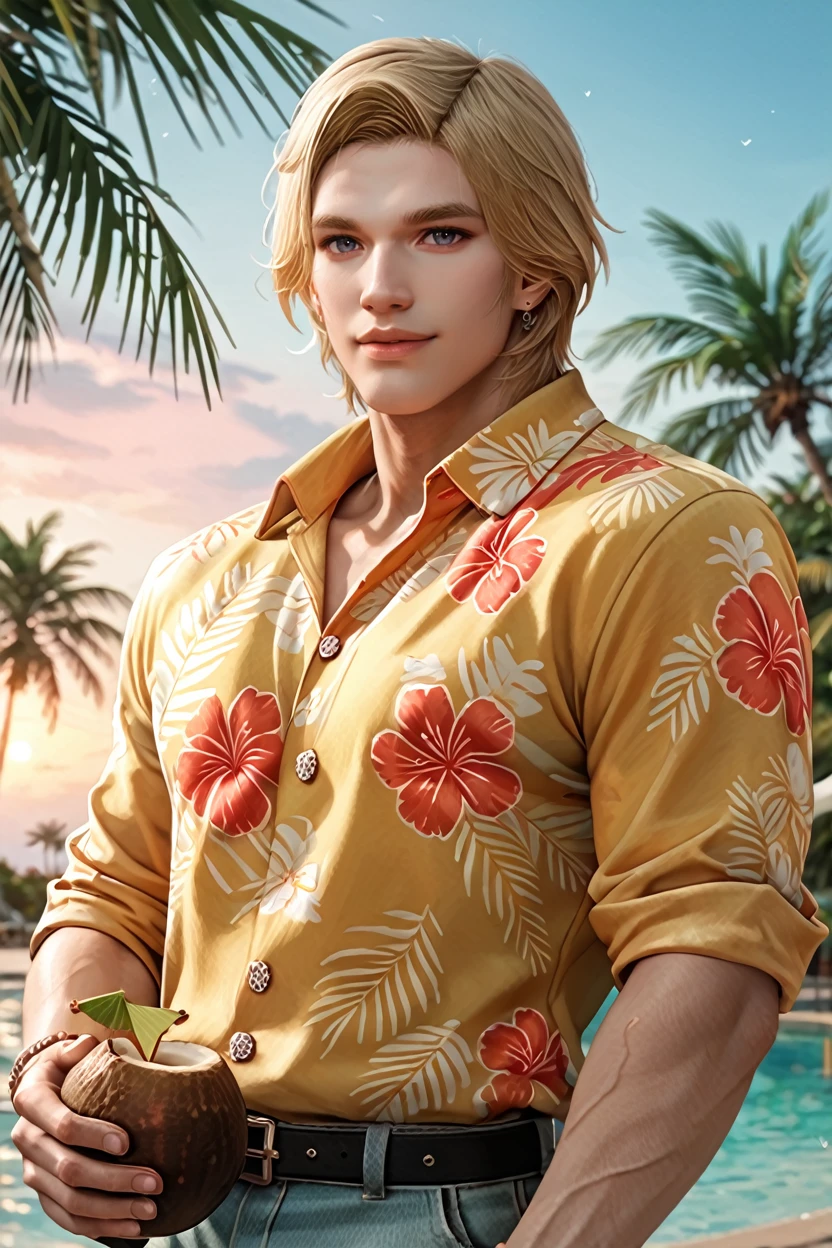 score_9, score_8_up, score_7_up, score_6_up
<lora:LAThirain:1.0>
LAThirain, 1boy, blonde hair, looking at viewer, male model wearing a Hawaiian shirt, smiling, holding a coconut drink, vibrant sunset, palm trees swaying in the breeze, tropical vibes