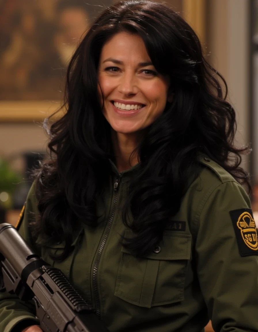 a vibrant photo of a joyful ohwx as Vala in a scene from Stargate SG1, portrayed by Claudia Black. She has long black hair and is wearing a  military uniform with "SG1" patches. Vala is holding a AR15 automated rifle.