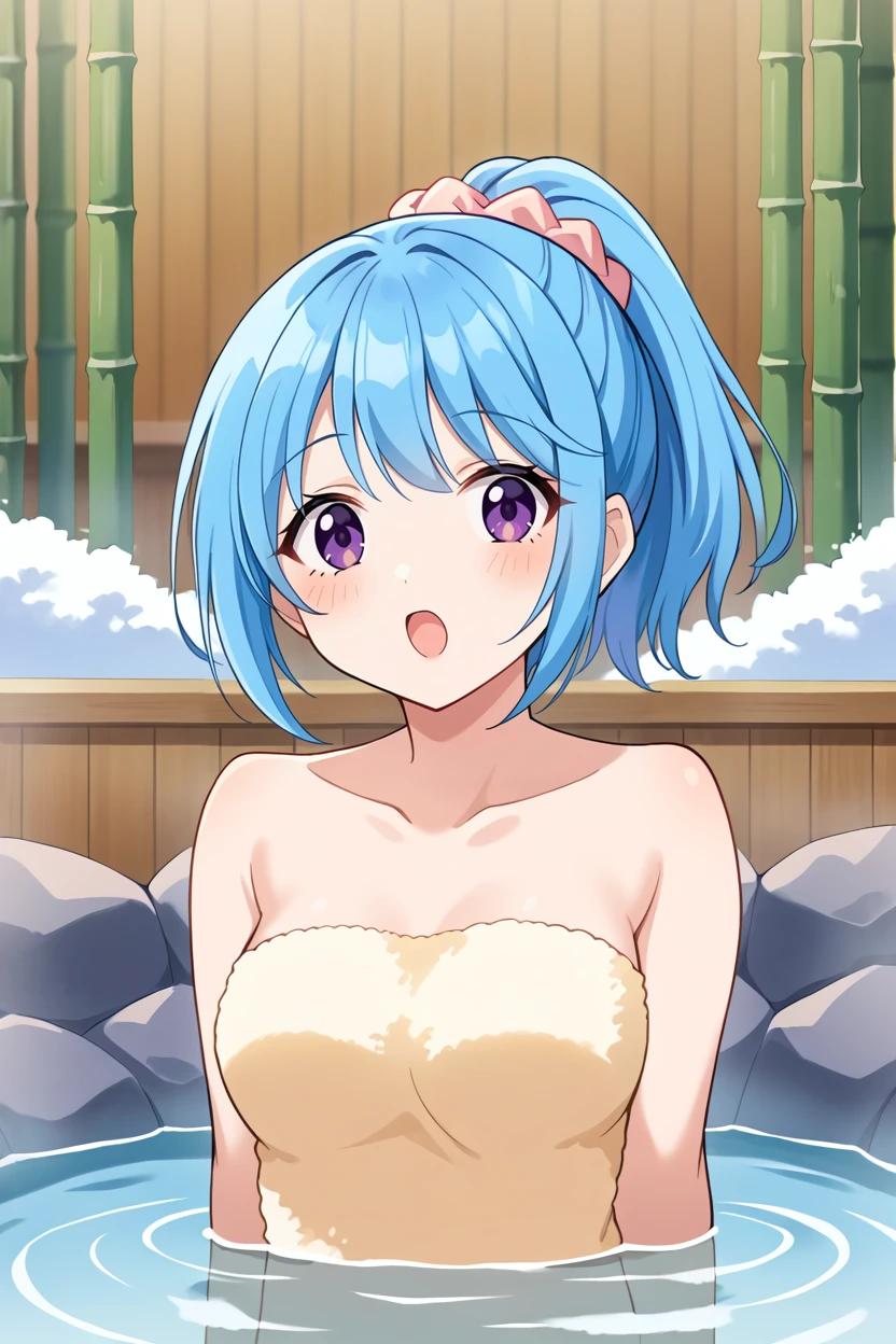 score_9,rating_safe,kururu, 1girl,solo, light blue hair,purple hair eyes,short hair,ponytail,towel,bathing,submerged,onsen, bamboo,:o,open mouth,surprised,blush,upper body,medium breasts,looking at viewer,strapless,fuzzy towel,pink scrunchie,   <lora:KurumuPony:1>