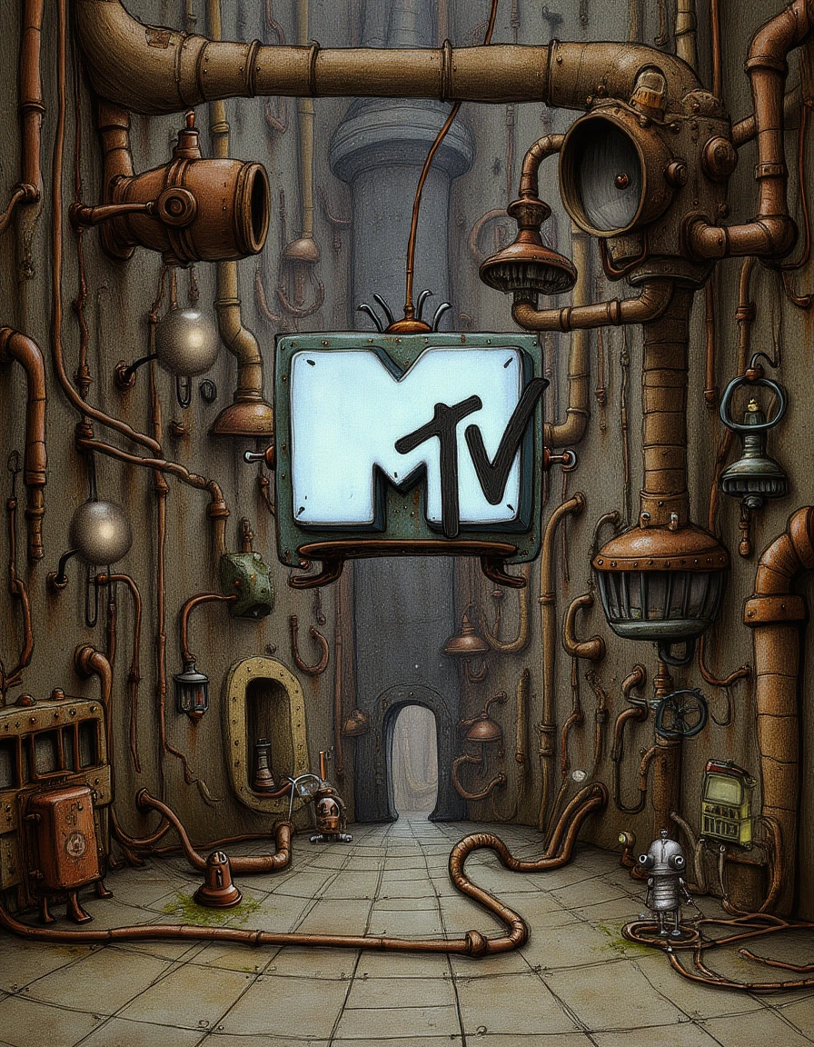 A machinart hand-drawn illustration of 90s MTV Music Television logo, made of intricately connected copper pipes, rusty metal valves, and small, steam-powered robots with visible gears and cogs, set against a dark, industrial backdrop with simple cartoon art elements and surrealistic, dreamlike quality, incorporating steampunk elements and victorian drawing machinarium style, with watchtowers made of pipes and hissing steam, surrounded by old, flickering lanterns and wires, extremely detailed, in Dieselpunk style, with a focus on hand-drawn illustration style, colored lineart, and a retro-futuristic aesthetic, featuring muted earthy tones and pastel colors, with bold, expressive linework, in 2d flat art style, reminiscent of 2d hand-drawn art from the early 20th century, with a mix of industrial and organic elements, and a sense of nostalgia and decay.