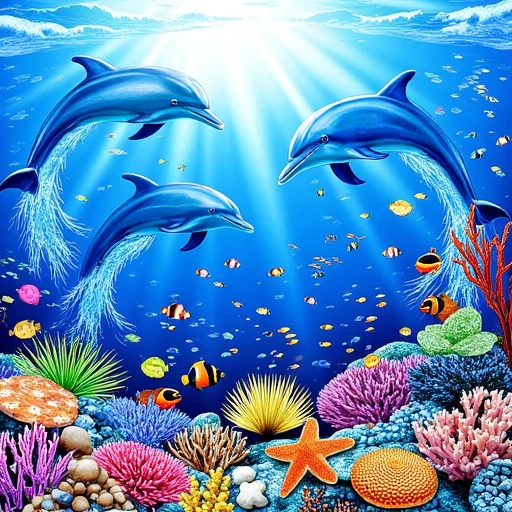 2000s traditional media art of an ocean scenery with dolphins, clownfish, starfish, corals and other fish