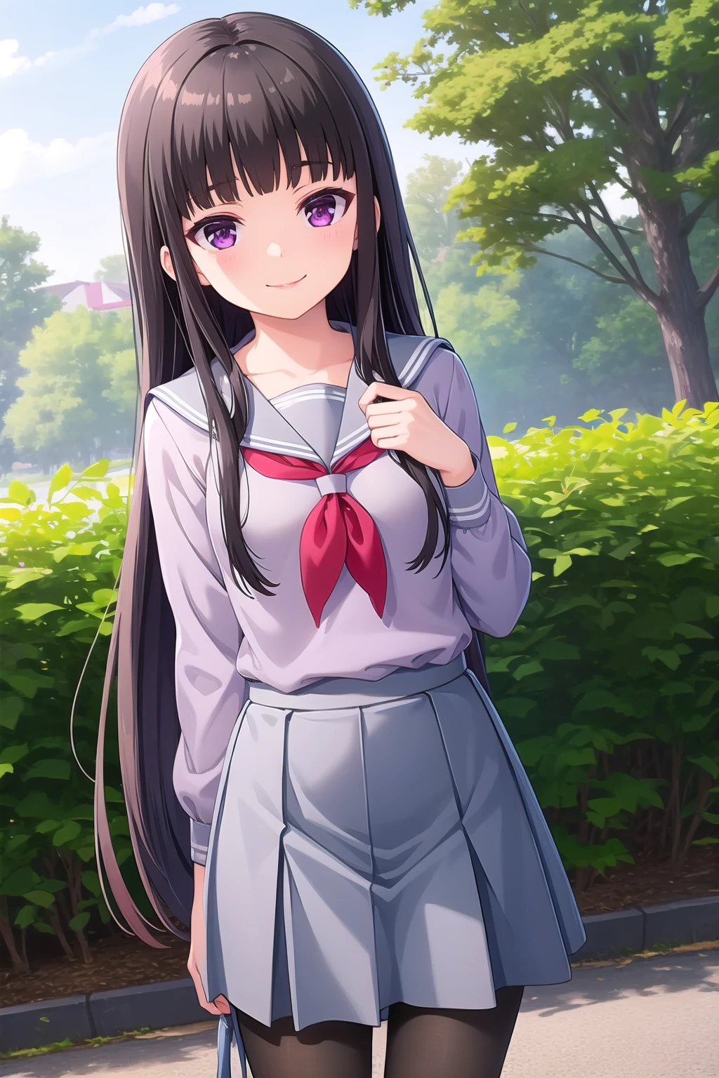 (masterpiece, best quality), highly detailed background, perfect lightingbest quality, shiranuiisuzu, solo, outdoors, school, nature, black hair, blunt bangs, very long hair, purple eyes, small breasts, grey serafuku, grey shirt, grey sailor collar, red neckerchief, long sleeves, grey skirt, black pantyhose, school uniform, smile, closed mouth, :), pink lips, <lora:Shiranui-Isuzu-2-05:0.7>