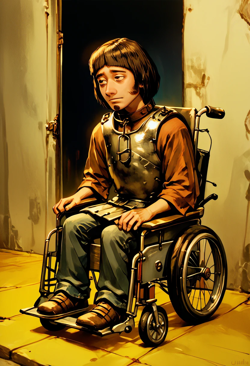 1727C6CDDF61, cr33pp41nt, 1boy, solo, HuiBuh, bob cut, blunt bangs, dark brown hair, goatee, metal collar, armor, wheelchair, wheelchair, sitting <lora:Wheelchair_XLPD> <lora:cr33pp41ntXLP> <lora:hui_buh-v1.0.11>​​​