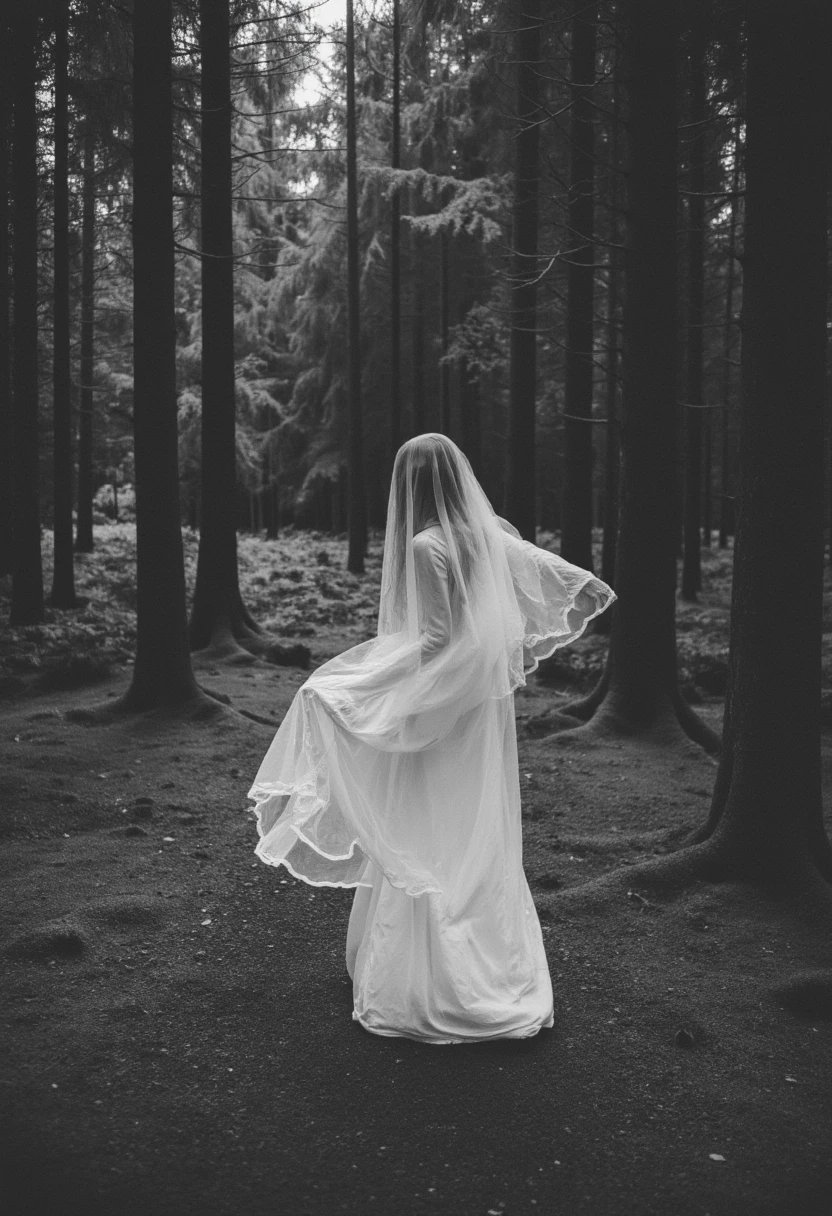 distorted photo, full length candid photo of woman bride, eerie, unsettling, sinister, occult, spooky, realistic