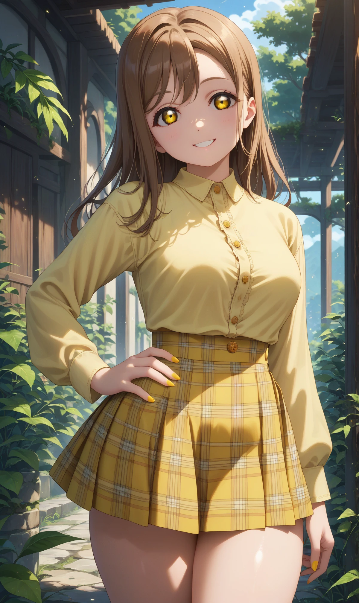 score_9, score_8_up, score_7_up, solo, 1girl, zuramaru, long hair, looking at viewer, medium breasts, 
yellow shirt, long sleeves, long shirt, smile, buttons, plaid skirt, yellow skirt, miniskirt,
(thighs:1.5), feet out of frame, outdoors, greenery, (hand on hips:1.1), nail polish,
<lora:zuramaru-04:1>