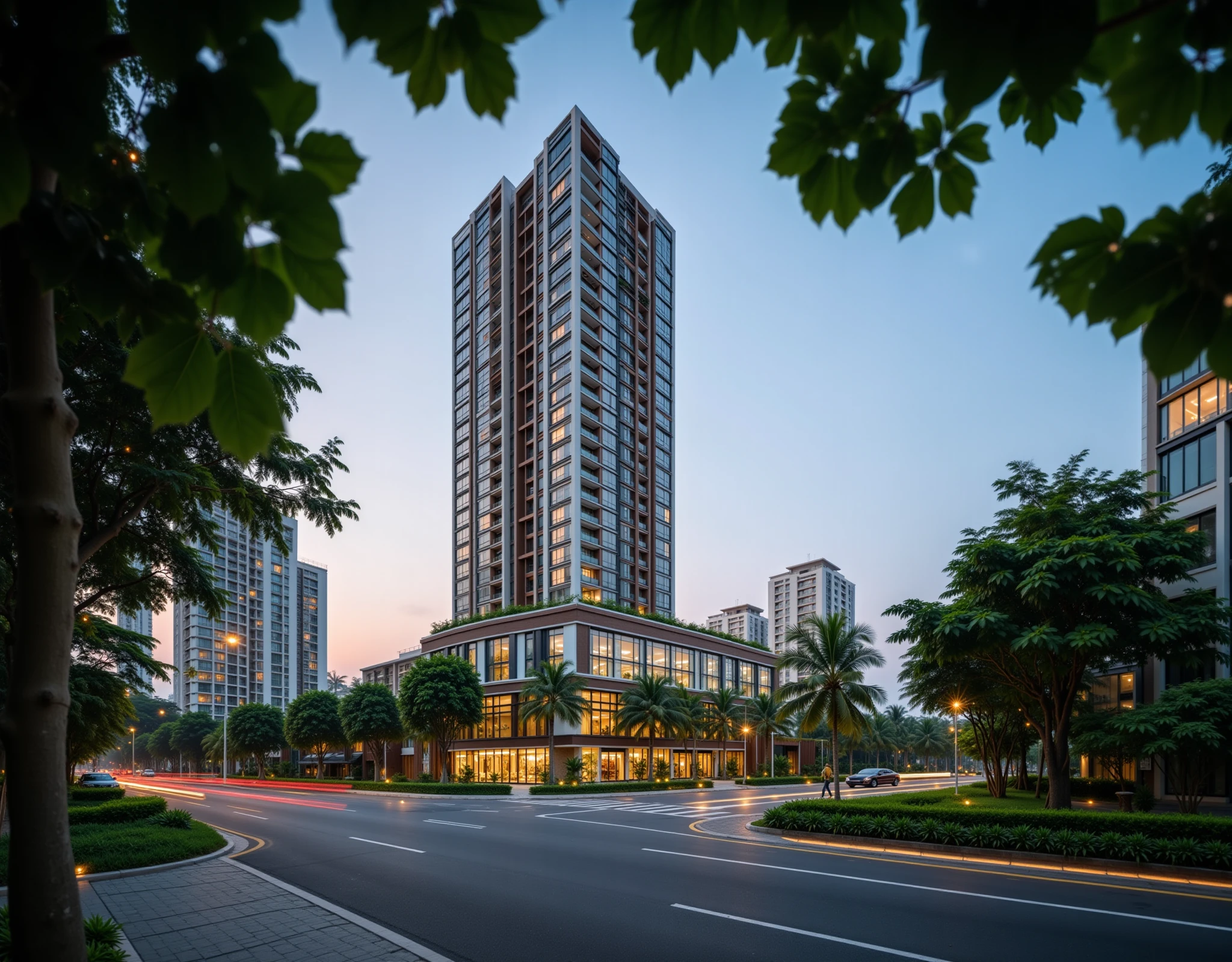 vrender,
photographic of 24-storey modern highrise apartment on city street, glass balcony, skycraper, building complex, 
scenery, motor vehicle, city, car, road, cityscape,
street view,
dusk, view from a leaf of tree, DOF, blur foreground,  