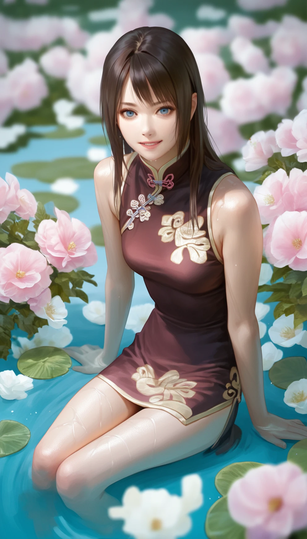 score_9,score_8_up,score_7_up,
<lora:diaochan:0.9>,
diaochan,
highres,photorealism,Cinematic Lighting,bloom,
1girl,solo,brown hair,long hair,bangs,
blue eyes,looking at viewer,grin,
purple cheongsam,short skirt,
sitting,feet in water,wet,from above,
blurry background,outdoors,courtyard,flowers in background,blue sky,(clear water:1.1),light particles,cloud,