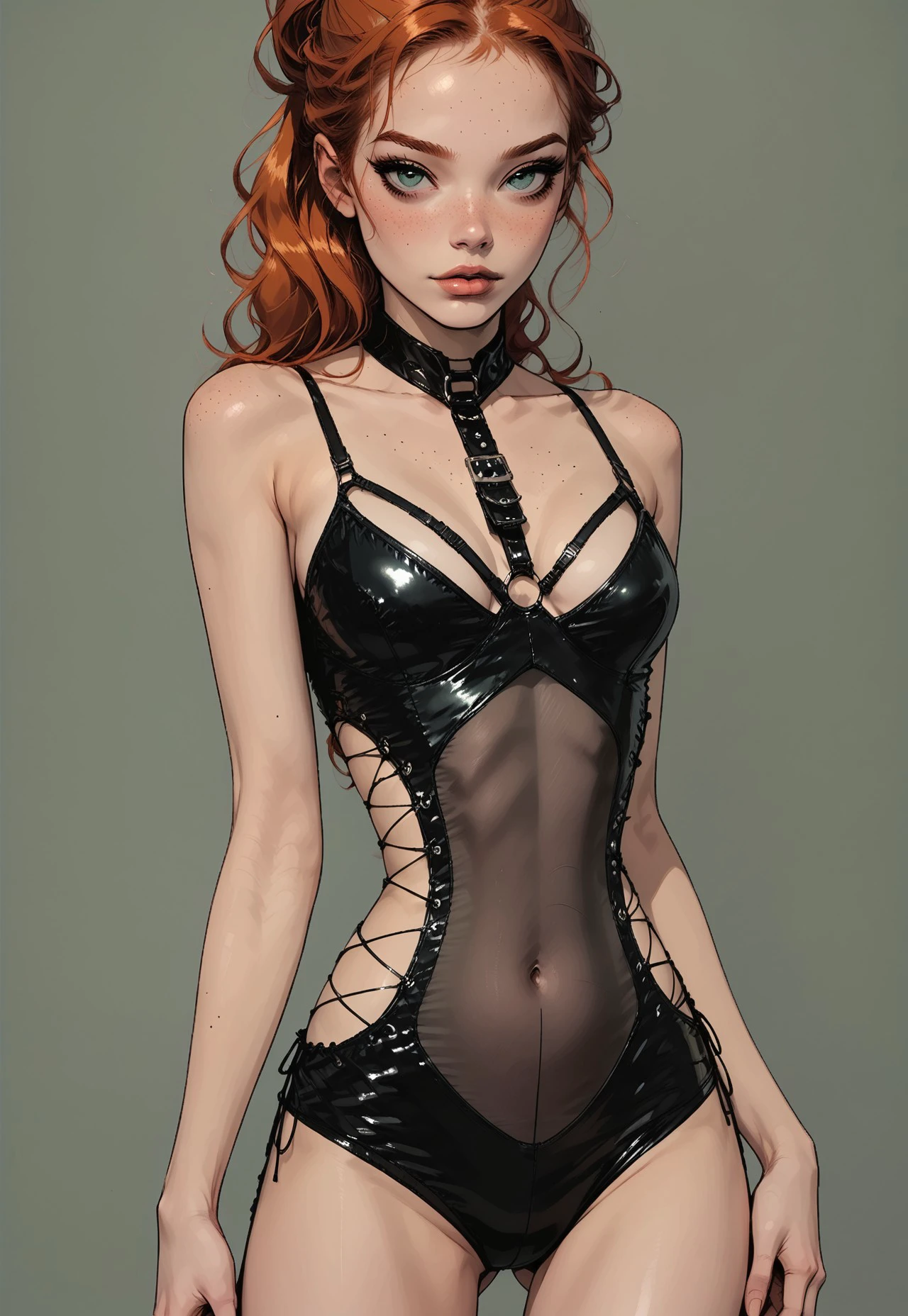 safe_pos, safe_pos, ultra detailed,  1girl, gorgeous girl, cute girl, green eyes,(ginger hair), updo hairstyle,horny, boobs, dramatic lighting, sinozick style, g4n1m3, flat color, Standing, L1ngerie_leo02, looking seductive, posing, looking lustful, full body, thighighs, 