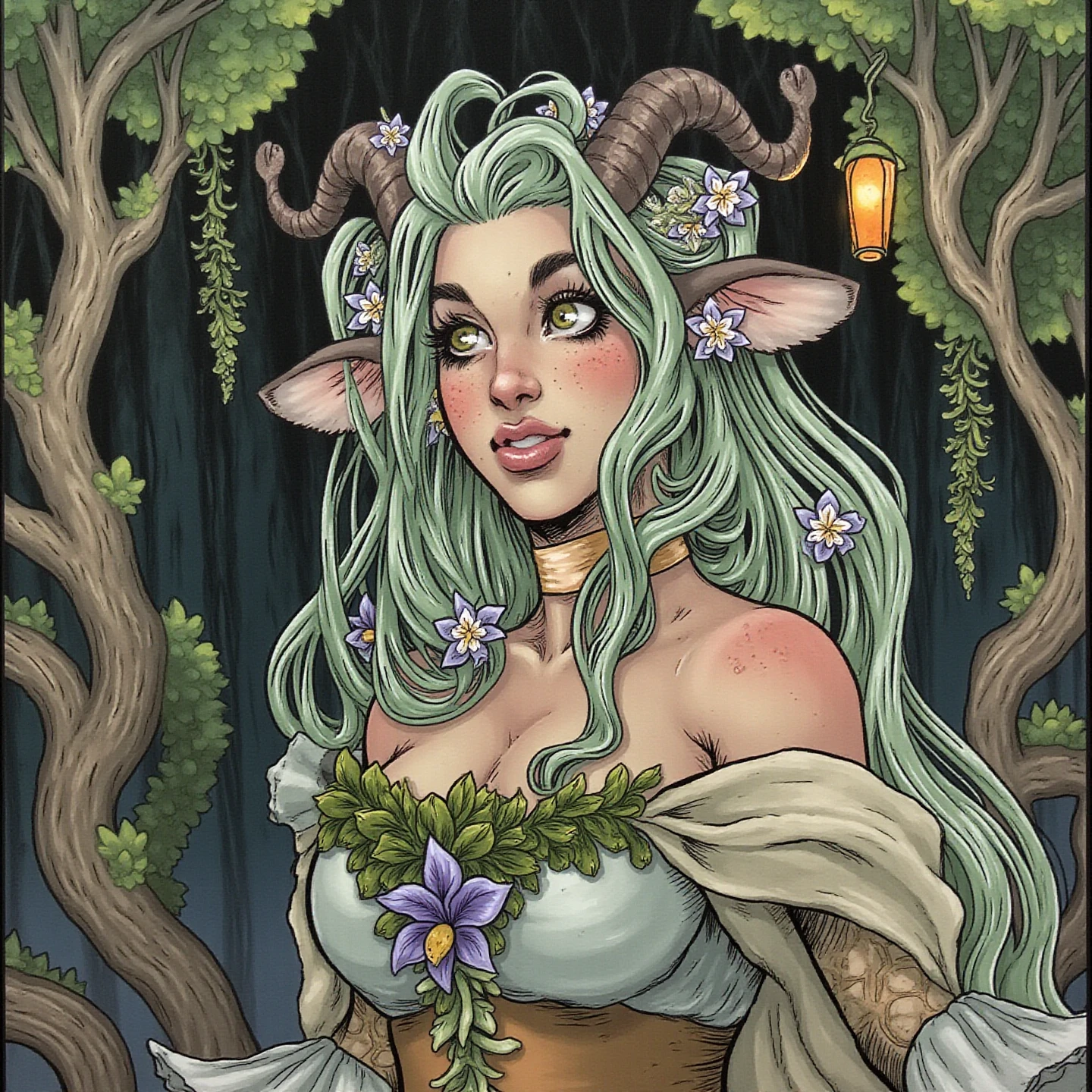 an illustration of fearne,  tall faun woman, standing over 6 feet high including her horns. She has large, expressive eyes and big furry ears. Her hair is sea-foam green and flows around her face. Her lower body is that of a deer, with hooves partially covered in moss. She wears flowing, ethereal clothing that drapes over her form. Scattered across her outfit and perhaps woven into her hair are poisonous flowers, particularly hemlock and oleander blooms.

In a Dark night forest