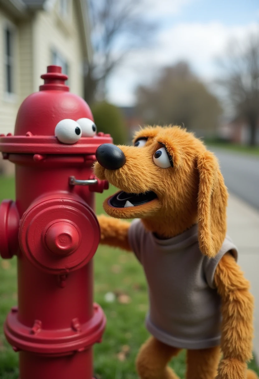 A puppet dog sniffing a fire hydrant with an angry face outside in donthugmestyle. 