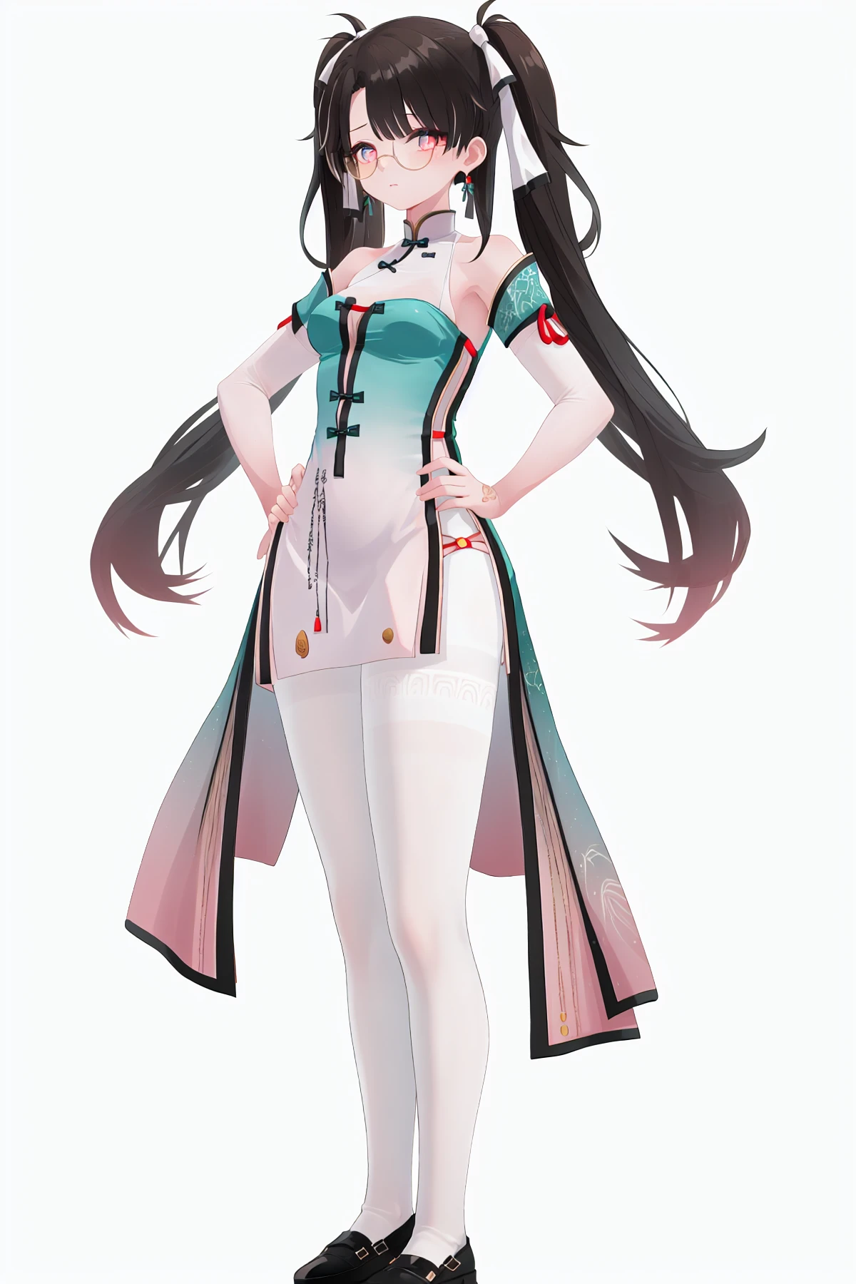 8k, best quality, masterpiece, (ultra-detailed), (white background,simple background), solo, (hands on hip:1.1), (full body:1.1), looking at viewer,
<lora:zhezhi-sd-Tanger:0.8>, zhezhi, default clothes, white pantyhose, 1girl, long hair, black hair, glasses, twintails, dress, black footwear, chinese clothes