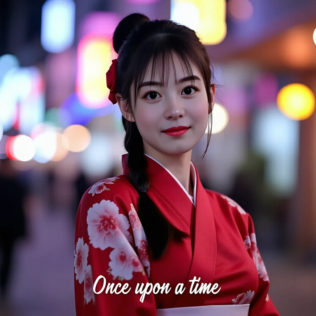 Portrait photo of miona_kokura, black high ponytail hair, wearing a red yukata with flowers on it, standing on the cyberpunk city with neon lights flashing, looking at the camera, smiling, the fancy white text saying "Once upon a time" at the bottom