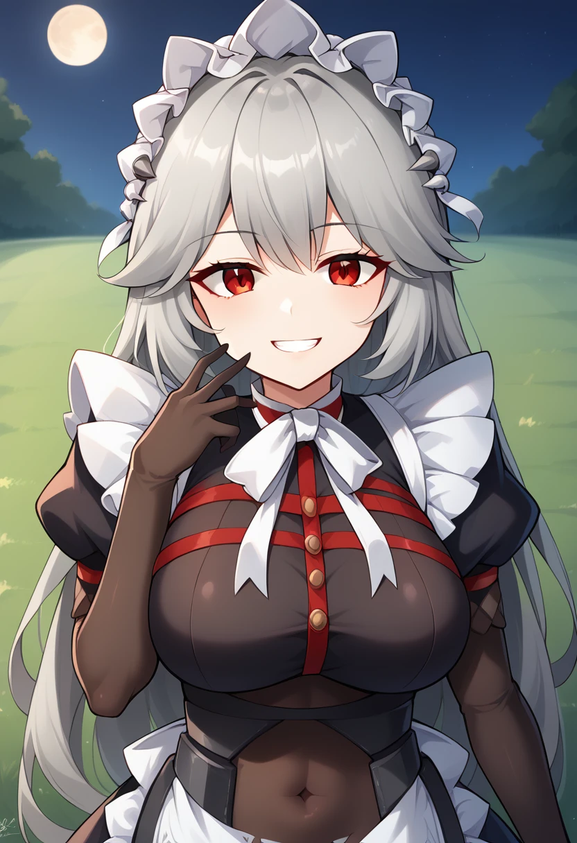 1girl, solo, alexandrina sebastiane, zenless zone zero,
long hair, grey hair, red eyes, maid headdress, large breasts, black dress, frills, covered navel, grin, hand up, puffy sleeves, bow, gloves, elbow gloves,
field, night, upper body, moon,
score_9, score_8_up,
<lora:rina-pony-new:1>