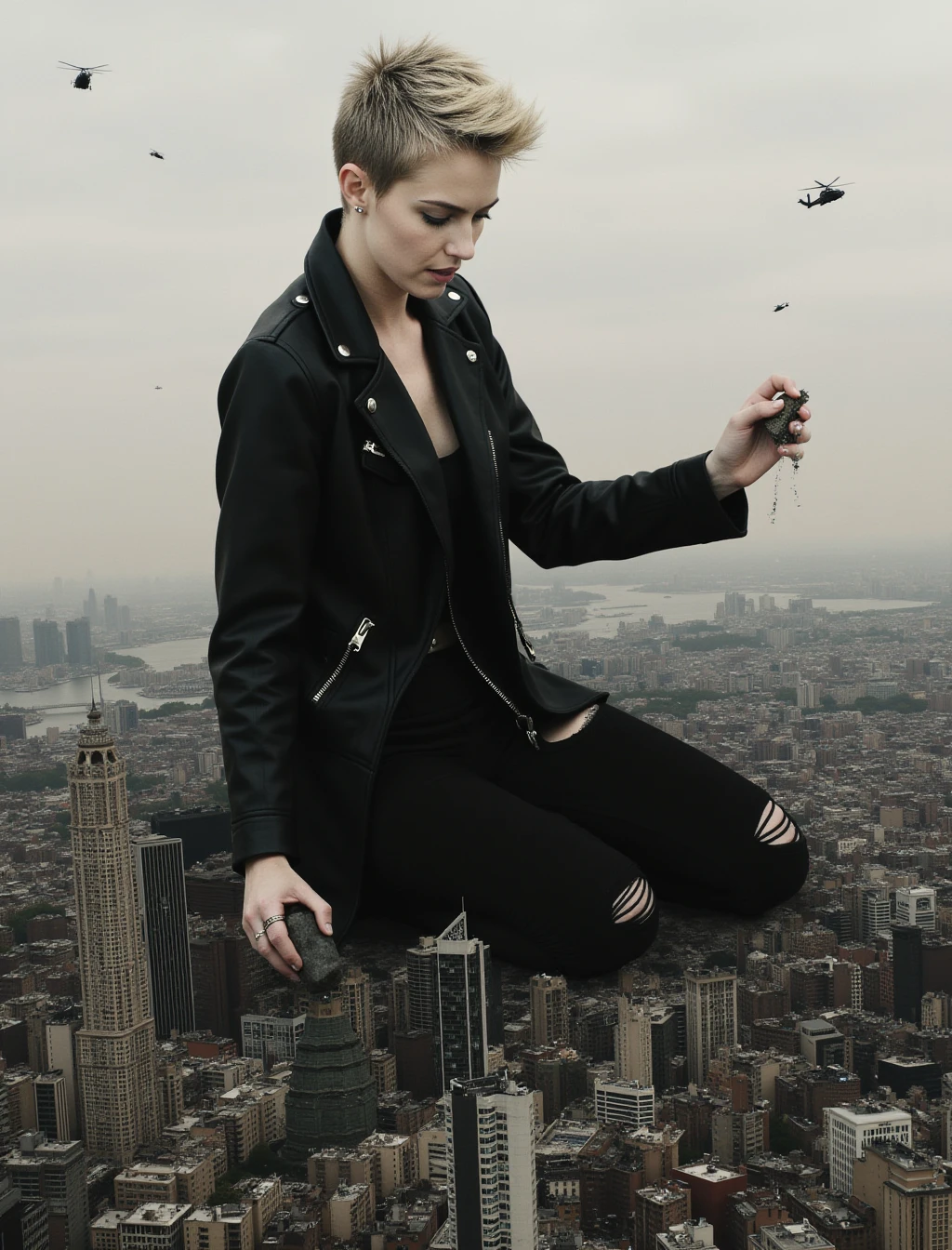 A giantess, clad in a sleek black leather jacket and ripped black leggings, is kneeling in the midst of a city, her knee crushing a row of cars beneath her. She holds a chunk of a skyscraper in one hand, examining it curiously, while her other hand rests on the ground, causing buildings to crumble. Helicopters and fighter jets swirl around her, their attempts to stop her futile. Her short, spiky hair adds to her fierce demeanor, and her intense gaze is fixed on the city before her.