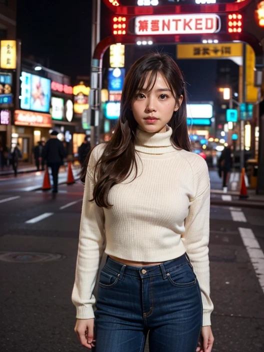 <lora:ReaLora:0.3> (realistic, photorealistic:1.37),
1girl, asian, long hair, 
standing, looking at viewer, (cowboy shot:1.2), 
turtleneck, sweater, 
<lora:LaD_St-Tenkaichi-v1:0.6> tenkaichi_dori, tokyo_\(city\), street, night, (red neon gate:1.2)