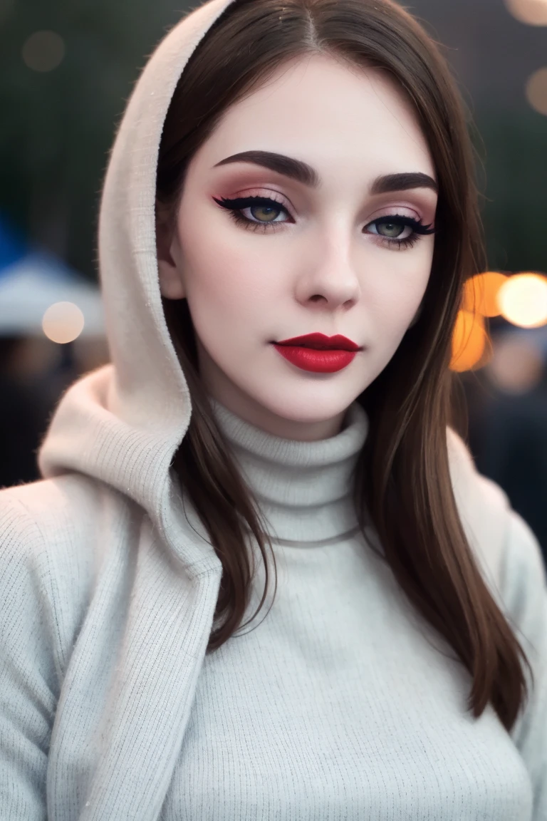 <lora:lioness-07:0.6>,, lioness, ((detailed eyes, detailed face):1.2), ((red lipstick, eye shadow, eyeliner, blush, pale skin)), ((fully clothed, modest)) , photo of a woman, ,beautiful picture, fully clothed, turtleneck sweater, skirt, thighhighs, outside, carnival, festival, sunset, detailed, epic, closeup ,