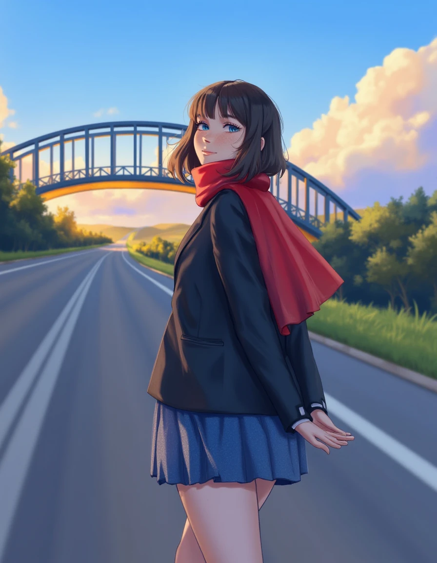 <lora:v12_PaulinaKlime_r16_000003250:1> art by PaulinaKlime, Scenery view from below. A young teenage girl with short brown hair and big blue eyes wearing a black school jacket over naked body and a short blue denim skirt walks along the road with her back to the viewer. The girl has a red scarf around her neck and a red cape behind her back. The girl's hands are behind her back and she looks forward with a smile on her face. In the background there is a road with white markings and a curved metal bridge in the distance over the road. Behind the girl's back is a blue sky with clouds and a sunset glow.âââ