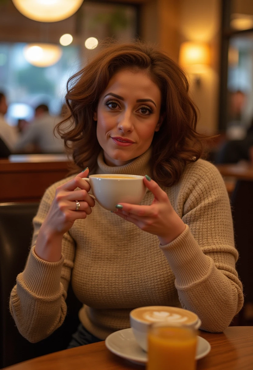 realistic photo of, evanotty, wearing a turtle neck sweater, sitting in a cafe drinking an espresso. looking at the viewer 