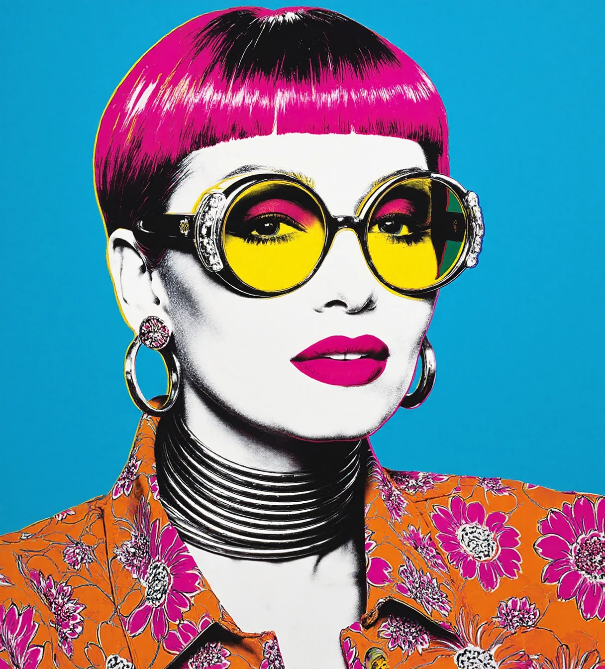 pop-art , Andy Warhol image of A highly stylized digital portrait of a woman with short, vibrant pink hair and blunt bangs. She is wearing large, round, yellow-tinted sunglasses that reflect light, adding a futuristic touch. Her lips are full and glossy, slightly parted. She has multiple earrings and is wearing large hoop earrings. Around her neck, she has multiple metallic choker necklaces. Her clothing is bold, with an intricate, colorful floral pattern in shades of orange and pink. The background is a solid bright blue, giving the image a vivid, pop-art feel.