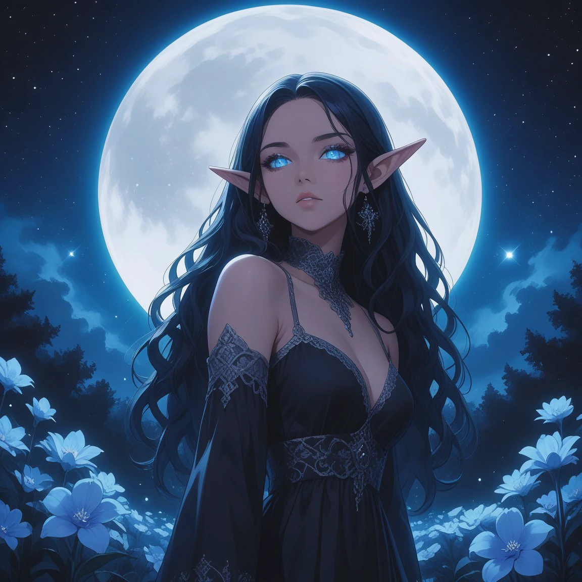 elf, female, elf ears, long flowing black hair, black dress, glowing eyes, moonlit night, full moon, night sky, stars, glowing flowers,  moonlight glow, best quality,    <lora:Elf-000011:0.5>